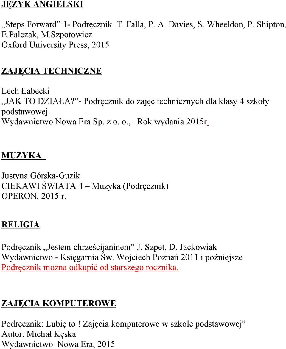 Wydawnictwo Nowa Era Sp. z o. o., Rok wydania 2015r MUZYKA Justyna Górska-Guzik CIEKAWI ŚWIATA 4 Muzyka (Podręcznik) OPERON, 2015 r.