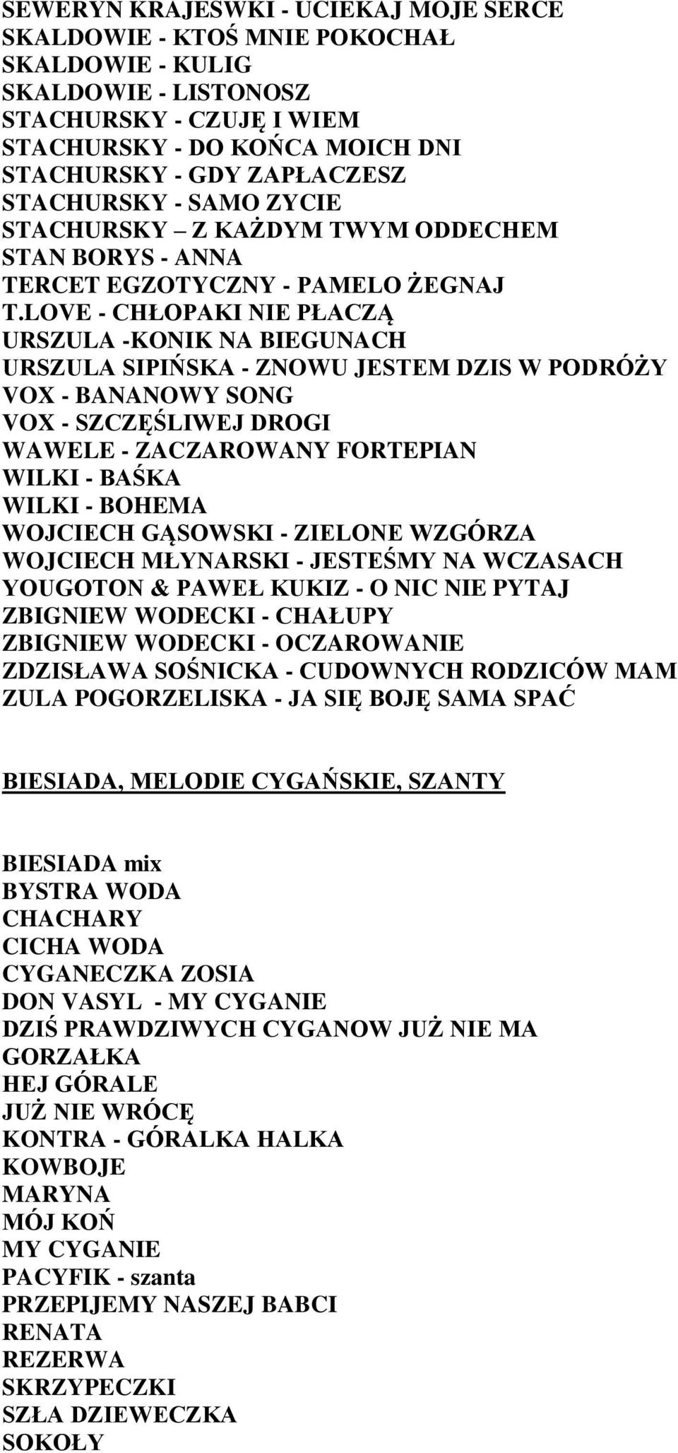 LOVE - CHŁOPAKI NIE PŁACZĄ URSZULA -KONIK NA BIEGUNACH URSZULA SIPIŃSKA - ZNOWU JESTEM DZIS W PODRÓŻY VOX - BANANOWY SONG VOX - SZCZĘŚLIWEJ DROGI WAWELE - ZACZAROWANY FORTEPIAN WILKI - BAŚKA WILKI -