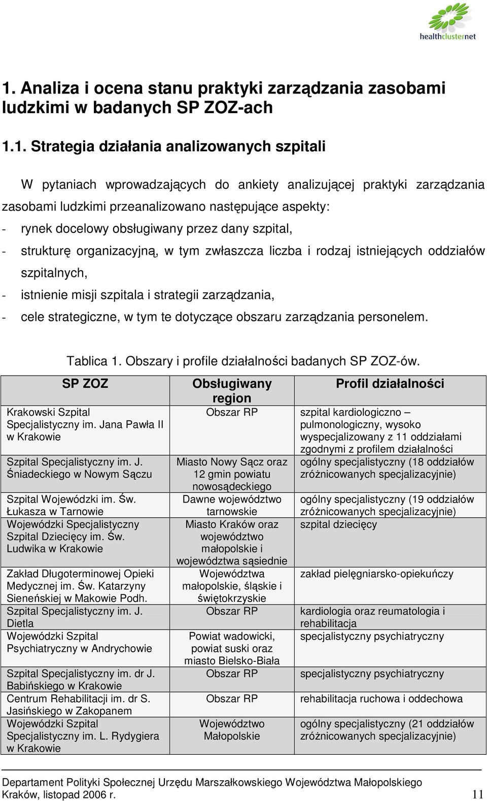 szpitalnych, - istnienie misji szpitala i strategii zarządzania, - cele strategiczne, w tym te dotyczące obszaru zarządzania personelem. Tablica 1. Obszary i profile działalności badanych SP ZOZ-ów.