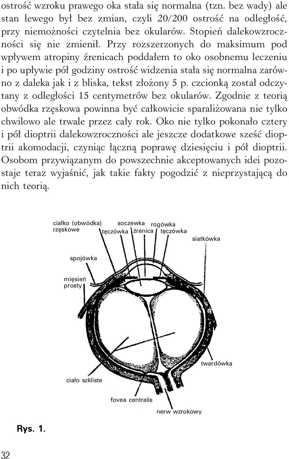 Przy rozszerzonych do maksimum pod wpływem atropiny źrenicach poddałem to oko osobnemu leczeniu i po upływie pół godziny ostrość widzenia stała się normalna zarówno z daleka jak i z bliska, tekst