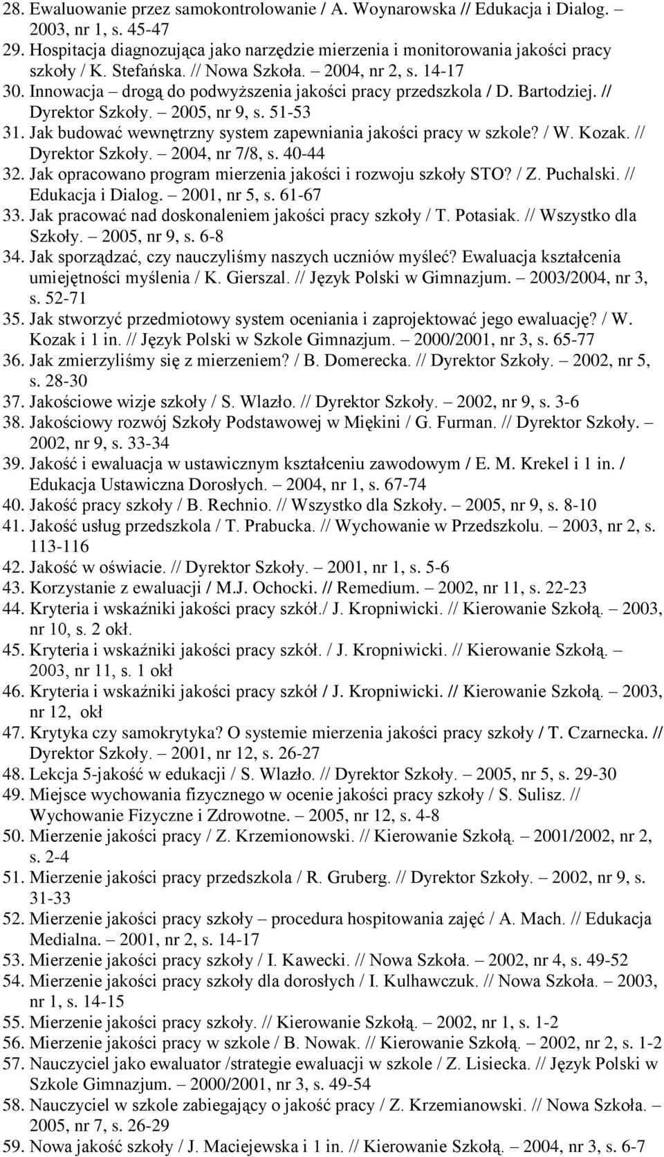 Jak budować wewnętrzny system zapewniania jakości pracy w szkole? / W. Kozak. // Dyrektor Szkoły. 2004, nr 7/8, s. 40-44 32. Jak opracowano program mierzenia jakości i rozwoju szkoły STO? / Z.