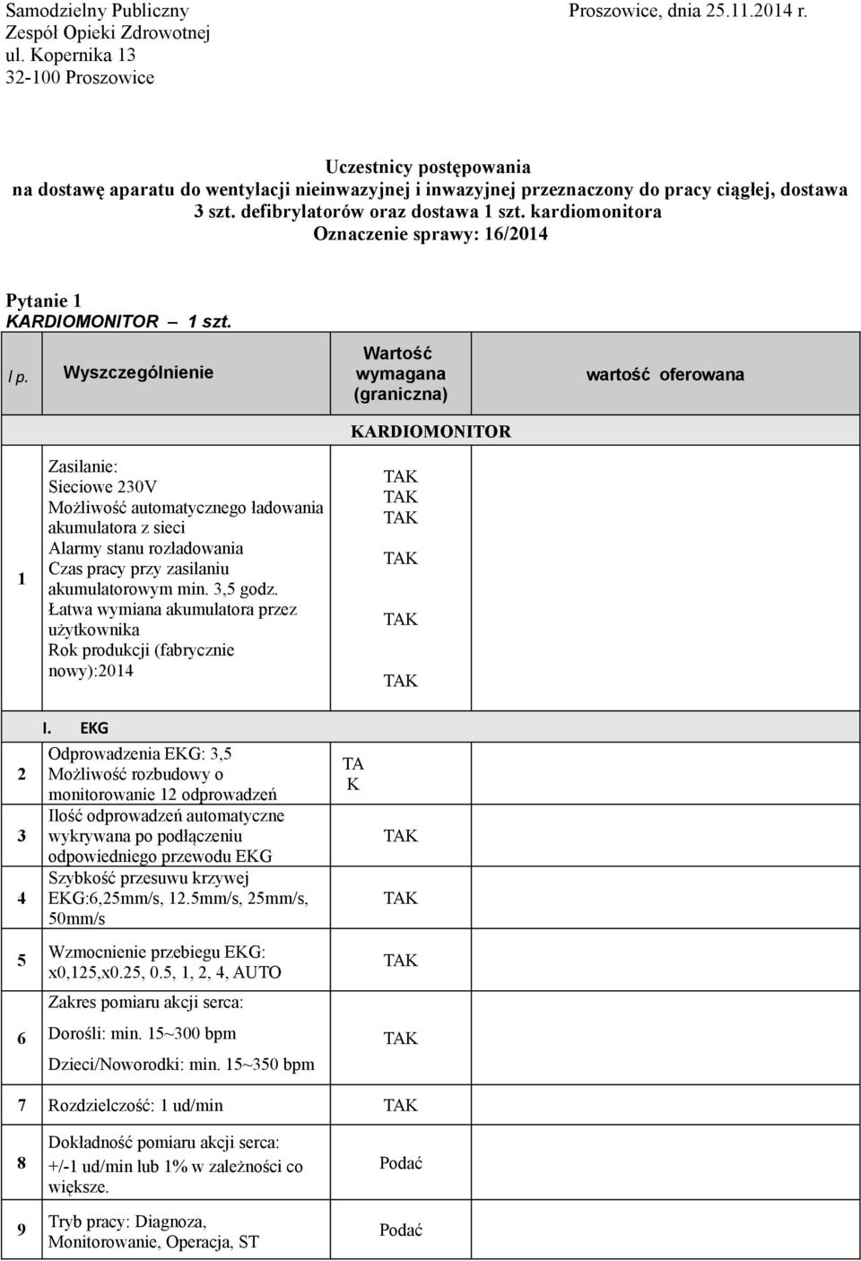 kardiomonitora Oznaczenie sprawy: 16/2014 Pytanie 1 KARDIOMONITOR 1 szt. l p.