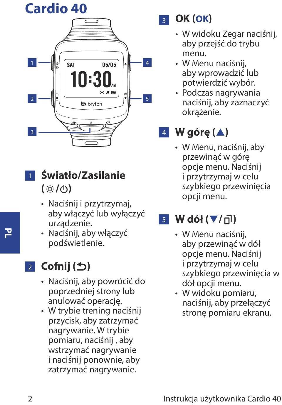 2 Cofnij ( ) Naciśnij, aby powrócić do poprzedniej strony lub anulować operację. W trybie trening naciśnij przycisk, aby zatrzymać nagrywanie.