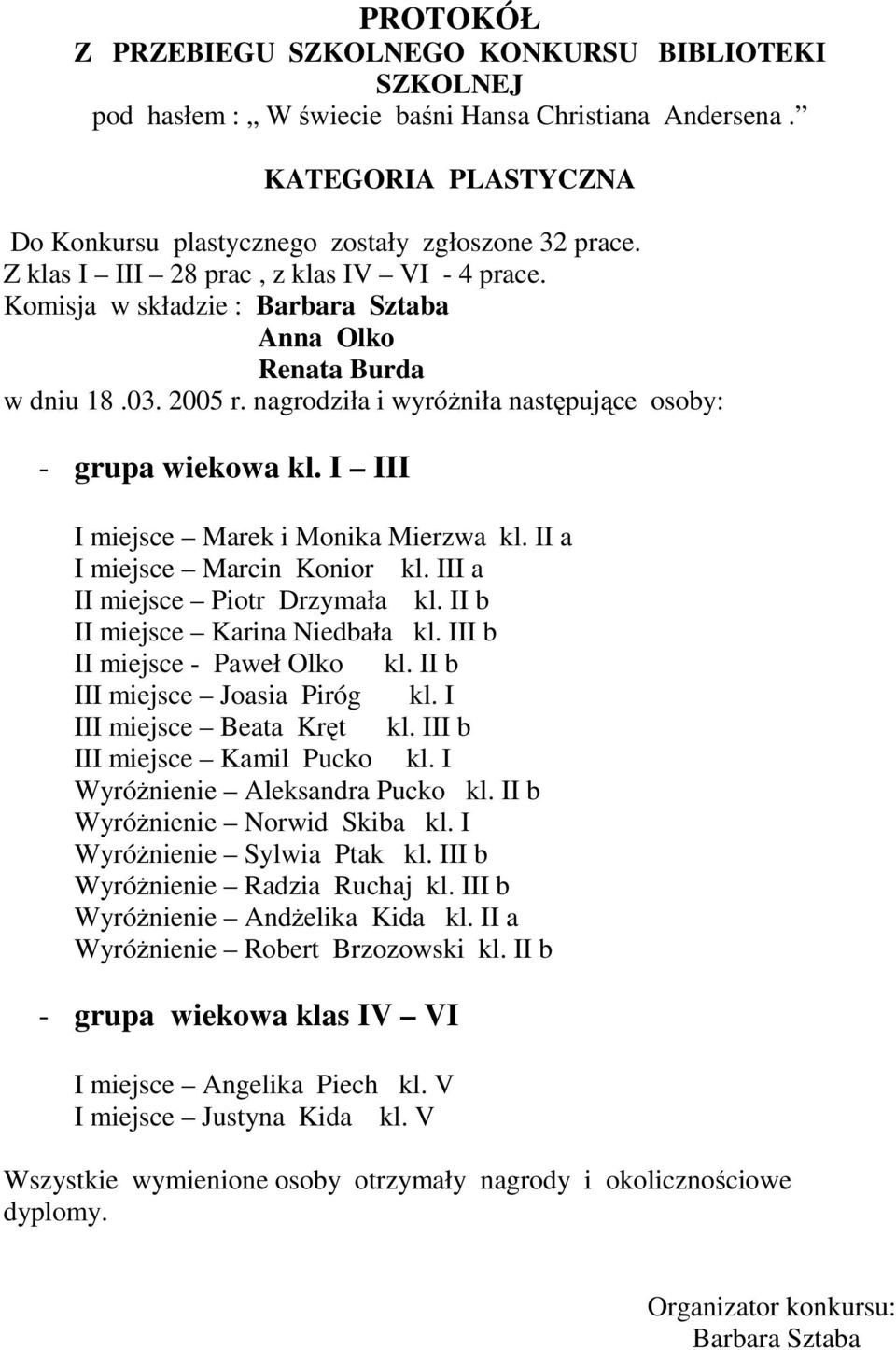 I III I miejsce Marek i Monika Mierzwa kl. II a I miejsce Marcin Konior kl. III a II miejsce Piotr Drzymała kl. II b II miejsce Karina Niedbała kl. III b II miejsce - Paweł Olko kl.