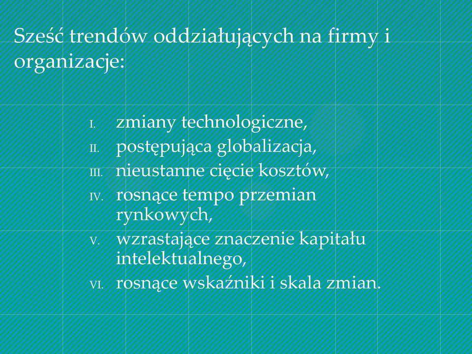 nieustanne cięcie kosztów, IV. rosnące tempo przemian rynkowych, V.