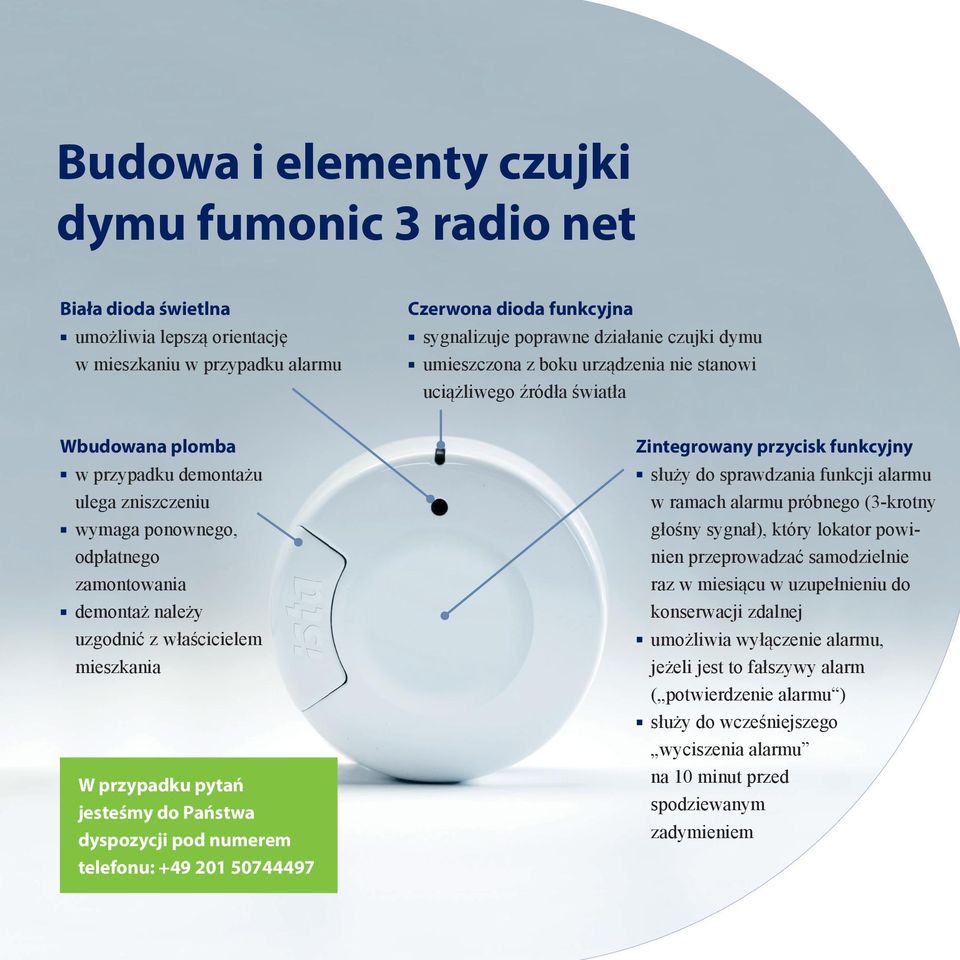właścicielem mieszkania W przypadku pytań jesteśmy do Państwa dyspozycji pod numerem telefonu: +49 201 50744497 Zintegrowany przycisk funkcyjny służy do sprawdzania funkcji alarmu w ramach alarmu