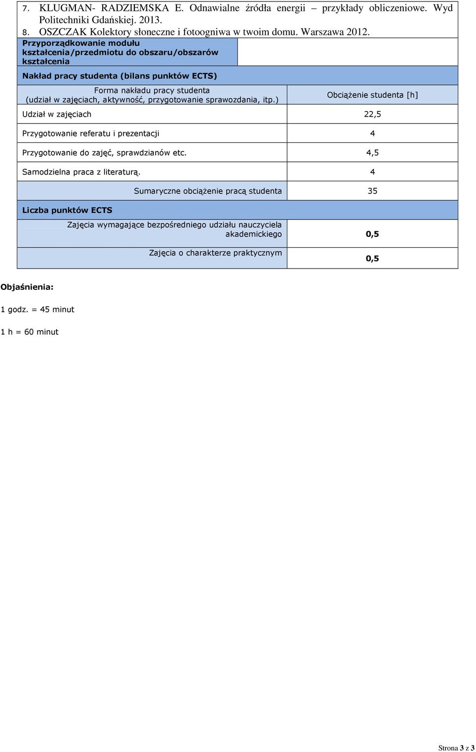 ) Obciążenie studenta [h] Udział w zajęciach 22,5 Przygotowanie referatu i prezentacji 4 Przygotowanie do zajęć, sprawdzianów etc. 4,5 Samodzielna praca z literaturą.