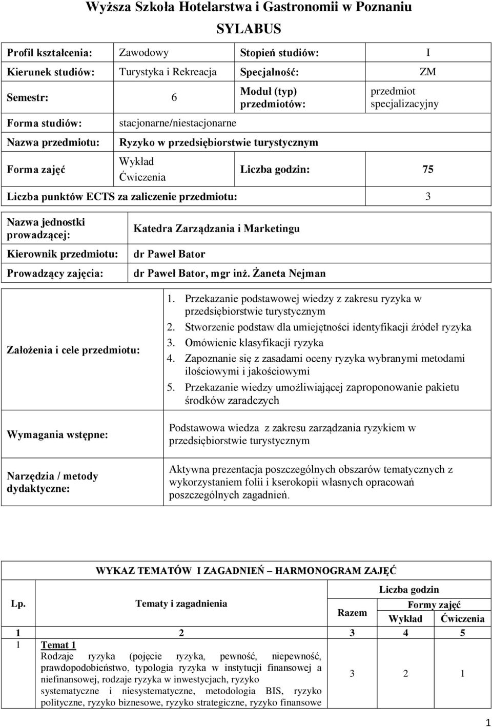 przedmiotu: 3 Nazwa jednostki prowadzącej: Kierownik przedmiotu: Prowadzący zajęcia: Katedra Zarządzania i Marketingu dr Paweł Bator dr Paweł Bator, mgr inż.