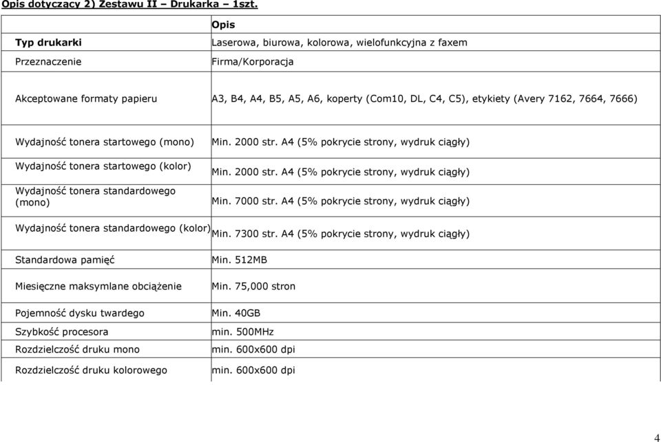 7162, 7664, 7666) Wydajność tonera startowego (mono) Wydajność tonera startowego (kolor) Wydajność tonera standardowego (mono) Min. 2000 str. A4 (5% pokrycie strony, wydruk ciągły) Min. 2000 str. A4 (5% pokrycie strony, wydruk ciągły) Min. 7000 str.