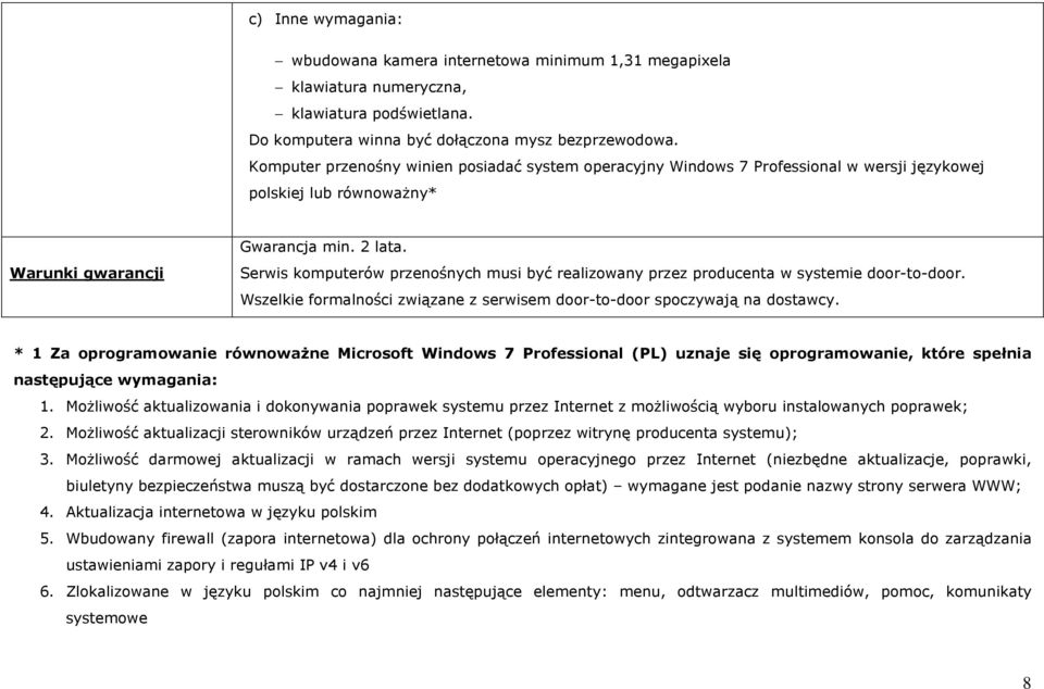 Serwis komputerów przenośnych musi być realizowany przez producenta w systemie door-to-door. Wszelkie formalności związane z serwisem door-to-door spoczywają na dostawcy.