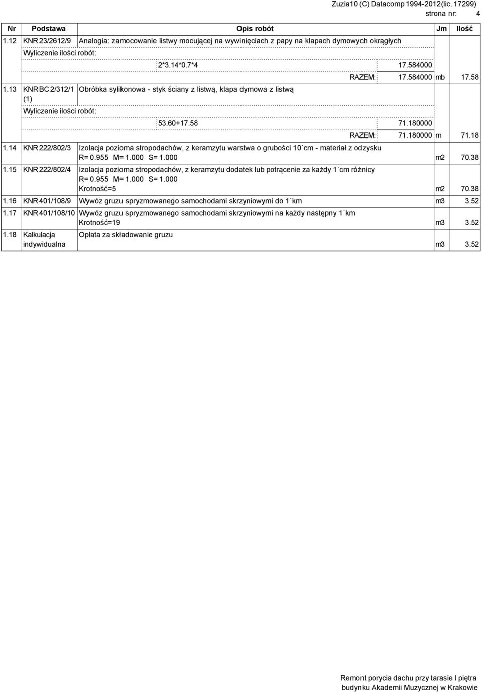 14 KNR 222/802/3 Izolacja pozioma stropodachów, z keramzytu warstwa o grubości 10 cm - materiał z odzysku R= 0.955 M= 1.000 S= 1.000 m2 70.38 1.