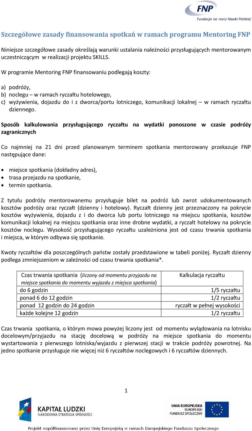 W programie Mentoring FNP finansowaniu podlegają koszty: a) podróży, b) noclegu w ramach ryczałtu hotelowego, c) wyżywienia, dojazdu do i z dworca/portu lotniczego, komunikacji lokalnej w ramach