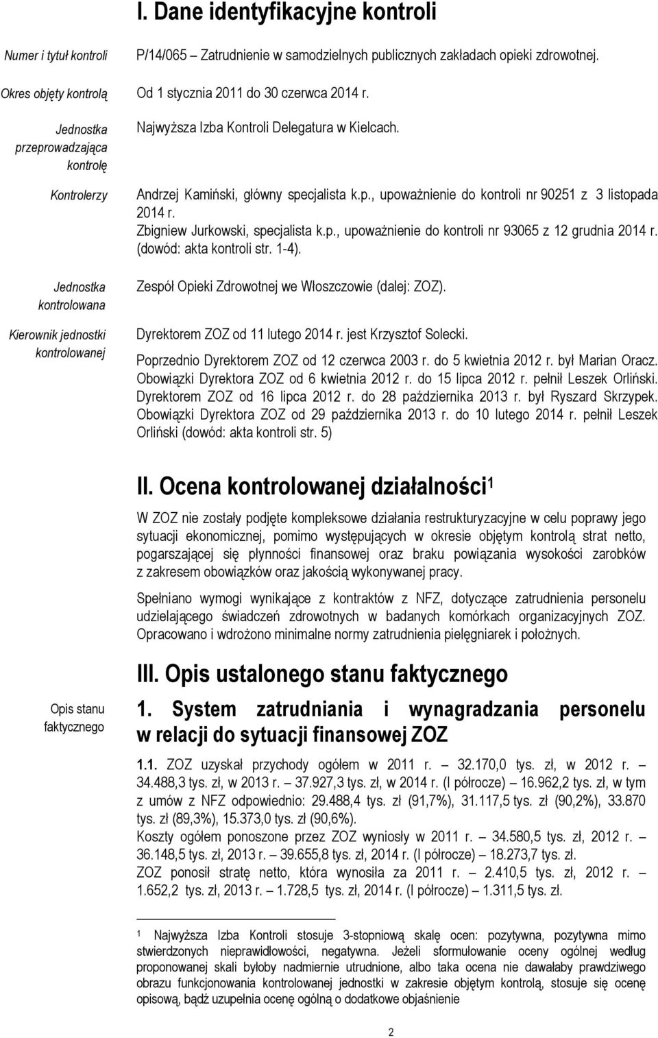 Zbigniew Jurkowski, specjalista k.p., upoważnienie do kontroli nr 93065 z 12 grudnia 2014 r. (dowód: akta kontroli str. 1-4). Zespół Opieki Zdrowotnej we Włoszczowie (dalej: ZOZ).