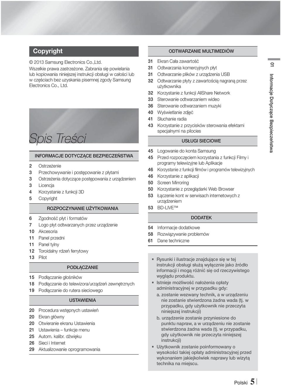 Spis Treści INFORMACJE DOTYCZĄCE BEZPIECZEŃSTWA 2 Ostrzeżenie 3 Przechowywanie i postępowanie z płytami 3 Ostrzeżenia dotyczące postępowania z urządzeniem 3 Licencja 4 Korzystanie z funkcji 3D 5