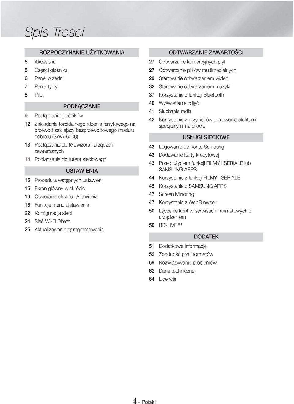 główny w skrócie 16 Otwieranie ekranu Ustawienia 16 Funkcje menu Ustawienia 22 Konfiguracja sieci 24 Sieć Wi-Fi Direct 25 Aktualizowanie oprogramowania ODTWARZANIE ZAWARTOŚCI 27 Odtwarzanie