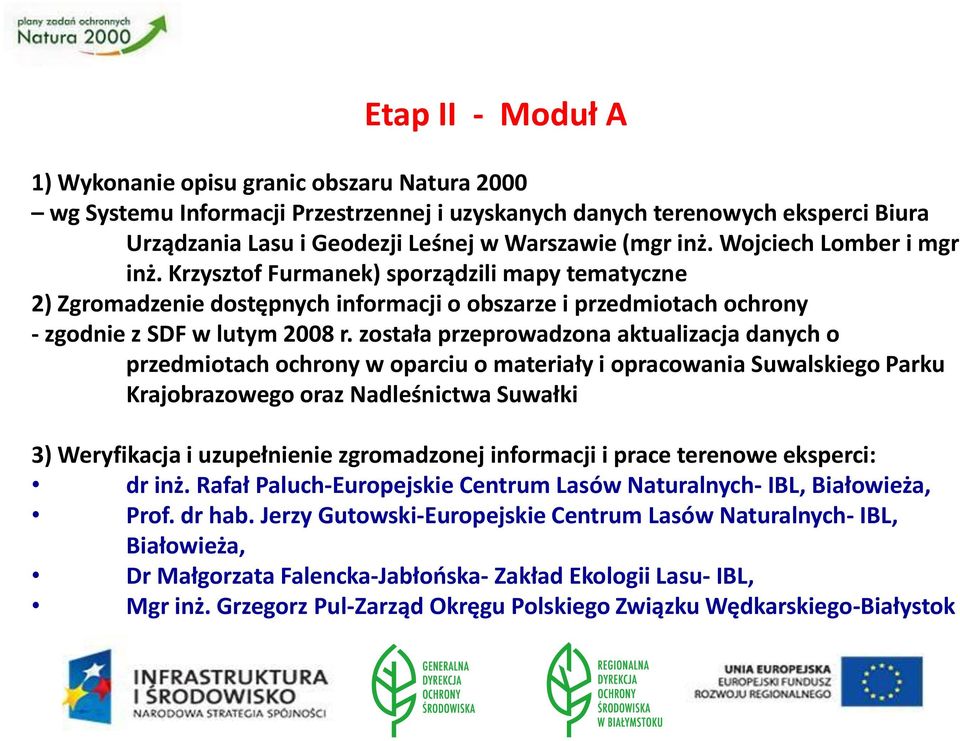 została przeprowadzona aktualizacja danych o przedmiotach ochrony w oparciu o materiały i opracowania Suwalskiego Parku Krajobrazowego oraz Nadleśnictwa Suwałki 3) Weryfikacja i uzupełnienie