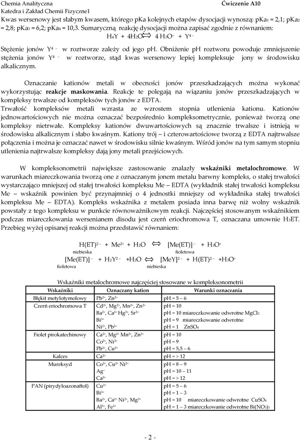 Obniżenie ph roztworu powoduje zmniejszenie stężenia jonów Y 4 w roztworze, stąd kwas wersenowy lepiej kompleksuje jony w środowisku alkalicznym.