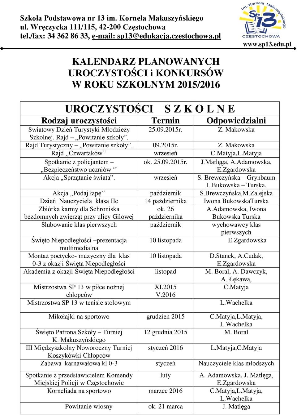 Adamowska, Akcja Sprzątanie świata. wrzesień S. Brewczyńska Grynbaum I. Bukowska Turska, Akcja,,Podaj łapę październik S.Brewczyńska,M.