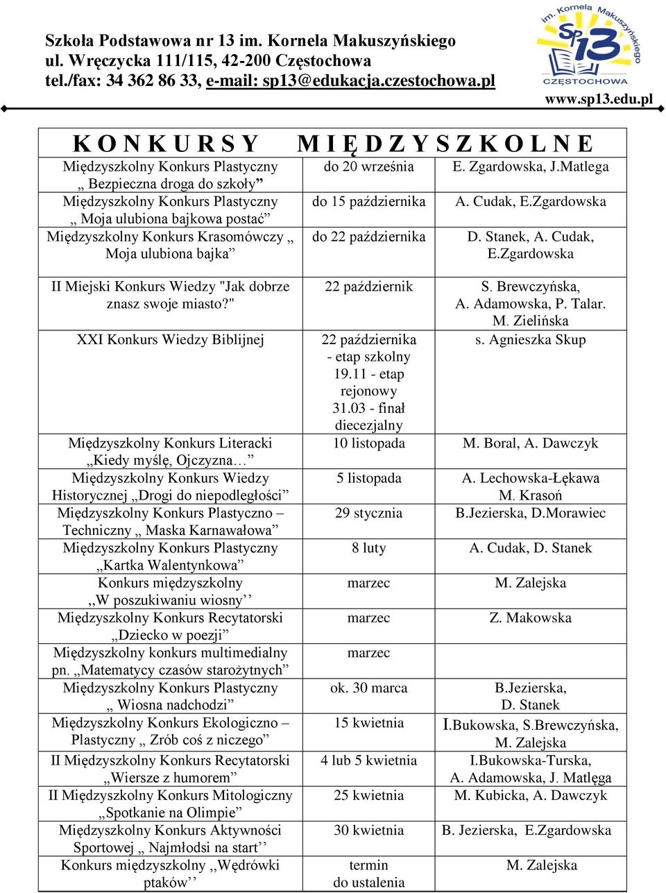 " XXI Konkurs Wiedzy Biblijnej Międzyszkolny Konkurs Literacki Kiedy myślę, Ojczyzna Międzyszkolny Konkurs Wiedzy Historycznej Drogi do niepodległości Międzyszkolny Konkurs Plastyczno Techniczny