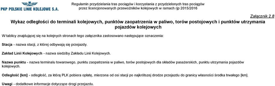 - nazwa terminalu towarowego, punktu zaopatrzenia w paliwo, torów postojowych dla składów pasażerskich, punktu utrzymania pojazdów kolejowych.