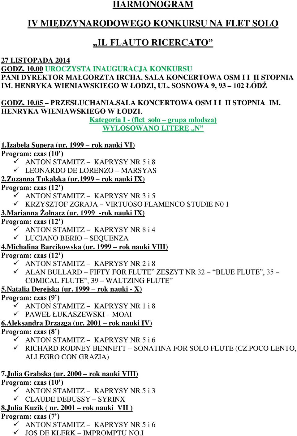 Izabela Supera (ur. 1999 rok nauki VI) ANTON STAMITZ KAPRYSY NR 5 i 8 LEONARDO DE LORENZO MARSYAS 2.Zuzanna Tukalska (ur.