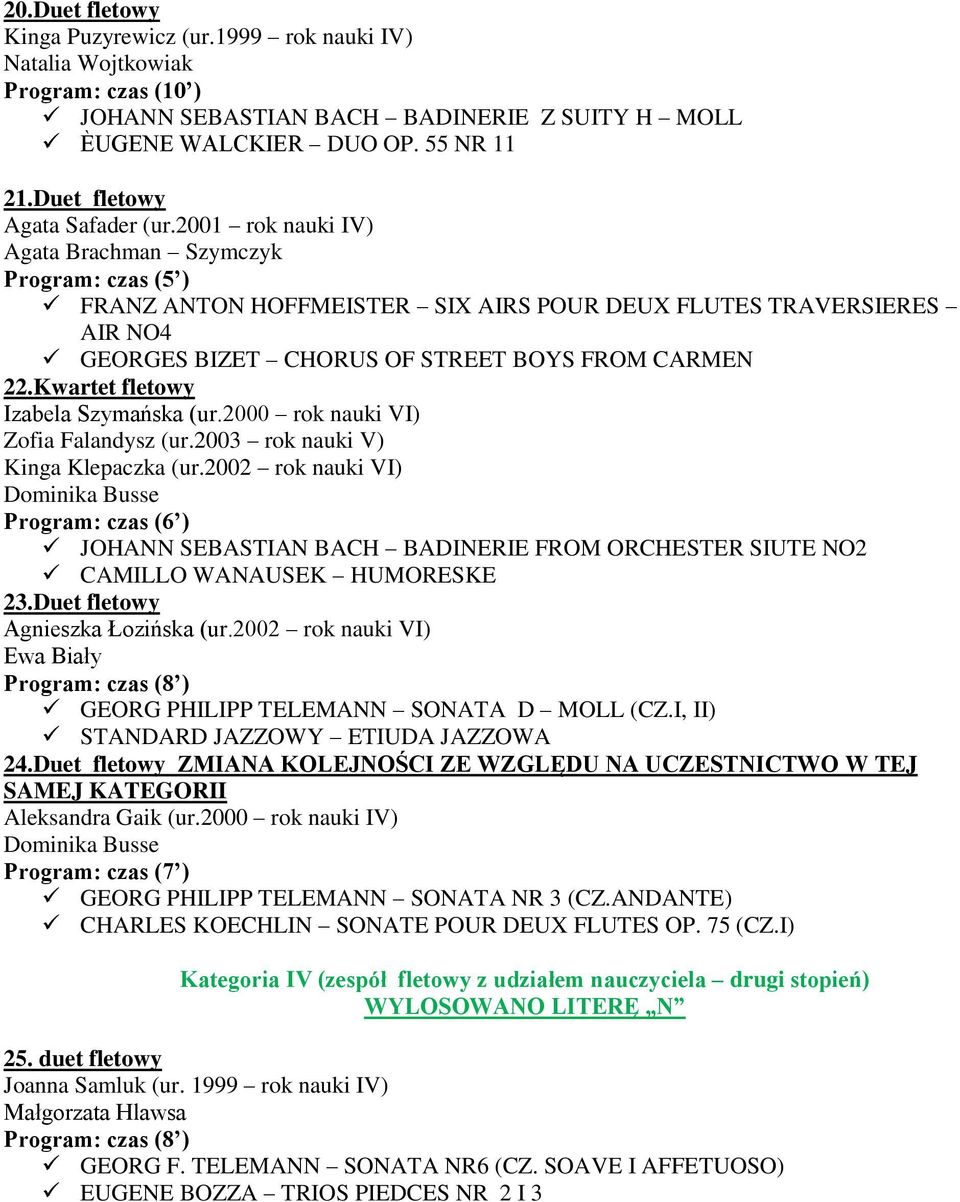 Kwartet fletowy Izabela Szymańska (ur.2000 rok nauki VI) Zofia Falandysz (ur.2003 rok nauki V) Kinga Klepaczka (ur.
