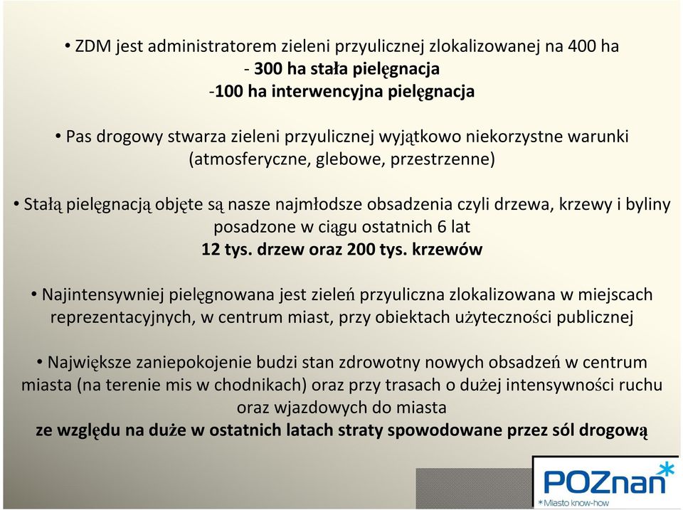 krzewów Najintensywniej pielęgnowana jest zieleń przyuliczna zlokalizowana w miejscach reprezentacyjnych, w centrum miast, przy obiektach użyteczności publicznej Największe zaniepokojenie budzi stan