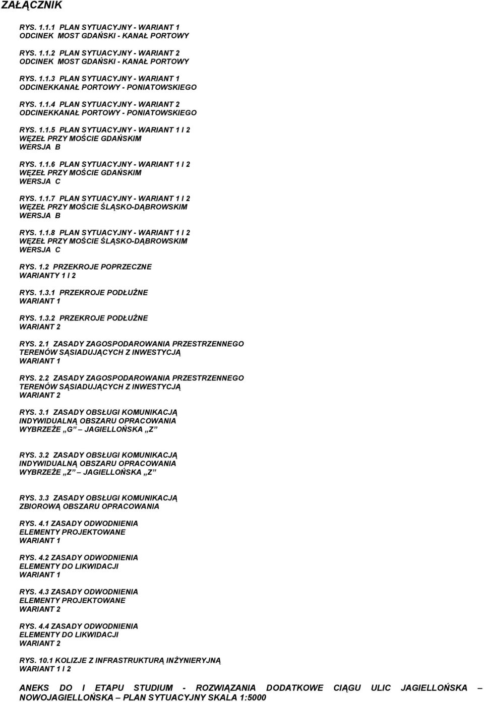 1.1.7 PLAN SYTUACYJNY WARIANT 1 I 2 WĘZEŁ PRZY MOŚCIE ŚLĄSKODĄBROWSKIM WERSJA B RYS. 1.1.8 PLAN SYTUACYJNY WARIANT 1 I 2 WĘZEŁ PRZY MOŚCIE ŚLĄSKODĄBROWSKIM WERSJA C RYS. 1.2 PRZEKROJE POPRZECZNE WARIANTY 1 I 2 RYS.