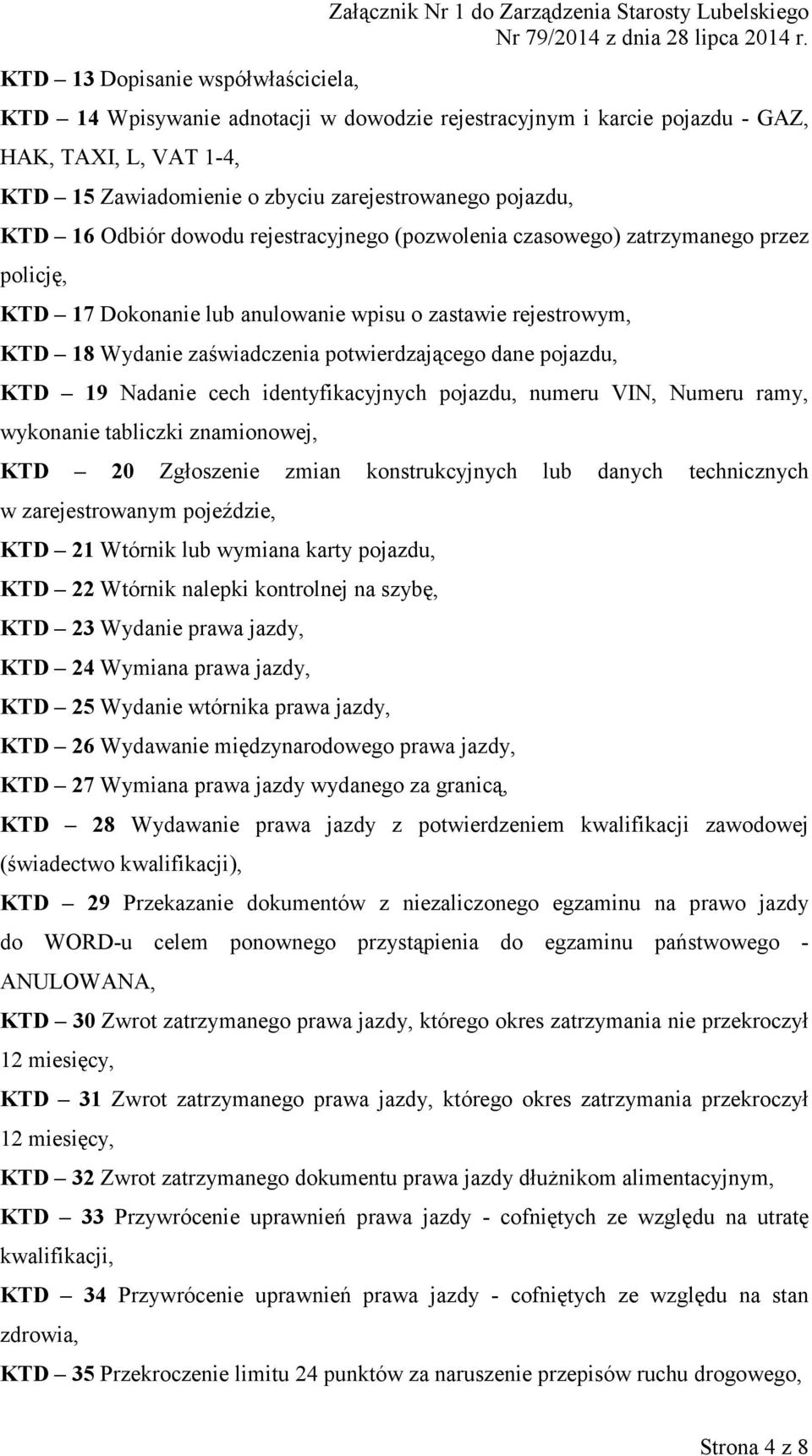 KTD 18 Wydanie zaświadczenia potwierdzającego dane pojazdu, KTD 19 Nadanie cech identyfikacyjnych pojazdu, numeru VIN, Numeru ramy, wykonanie tabliczki znamionowej, KTD 20 Zgłoszenie zmian