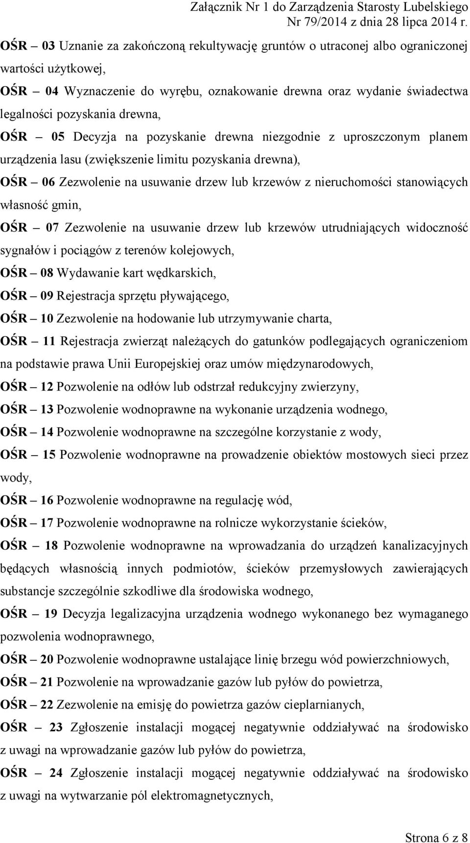 stanowiących własność gmin, OŚR 07 Zezwolenie na usuwanie drzew lub krzewów utrudniających widoczność sygnałów i pociągów z terenów kolejowych, OŚR 08 Wydawanie kart wędkarskich, OŚR 09 Rejestracja