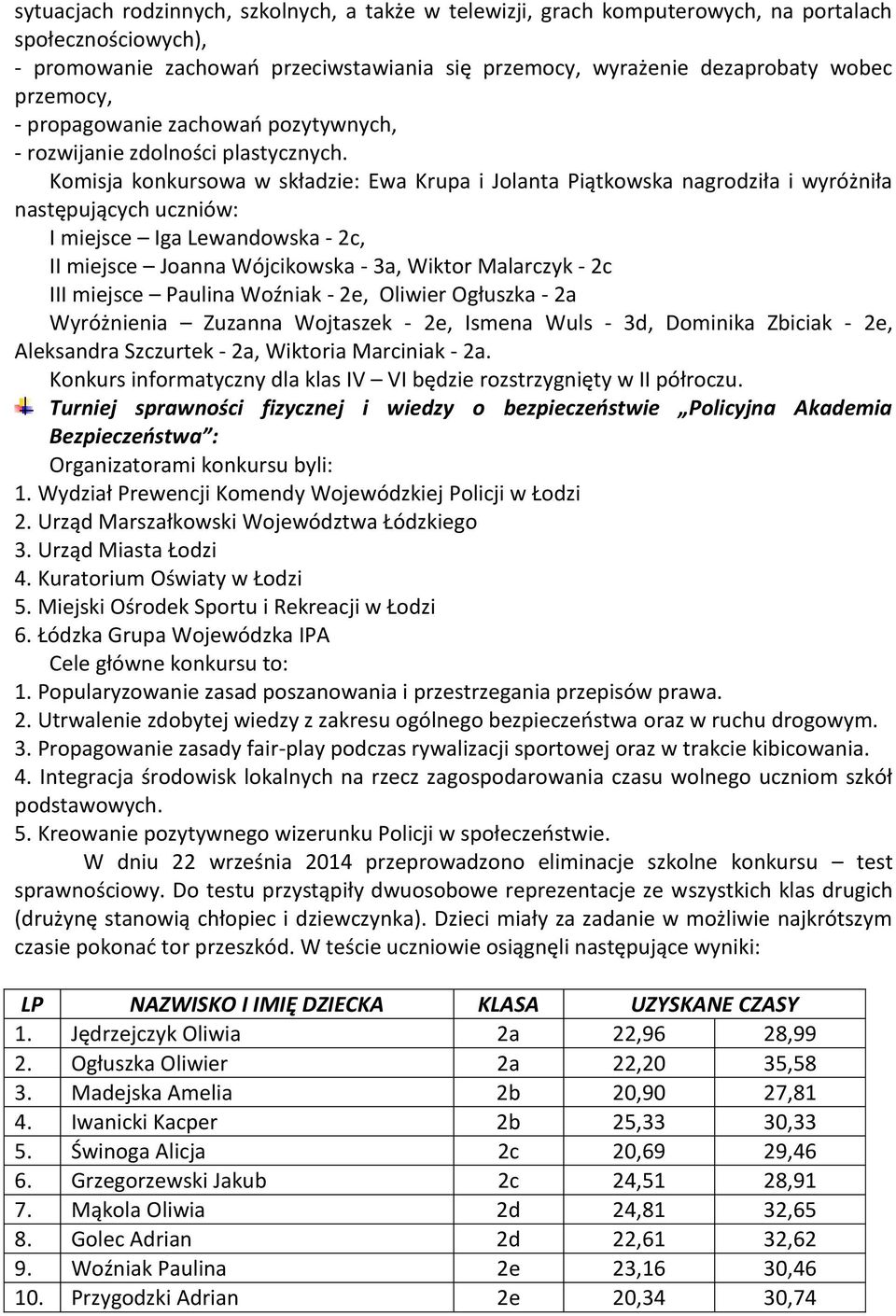 Komisja konkursowa w składzie: Ewa Krupa i Jolanta Piątkowska nagrodziła i wyróżniła następujących uczniów: I miejsce Iga Lewandowska - 2c, II miejsce Joanna Wójcikowska - 3a, Wiktor Malarczyk - 2c