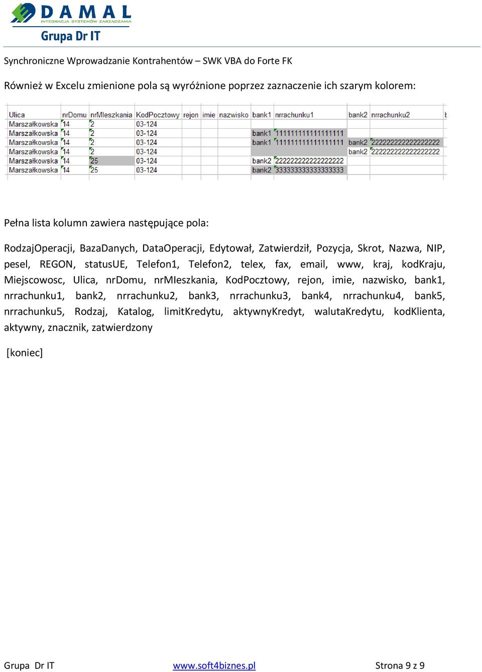 Miejscowosc, Ulica, nrdomu, nrmieszkania, KodPocztowy, rejon, imie, nazwisko, bank1, nrrachunku1, bank2, nrrachunku2, bank3, nrrachunku3, bank4, nrrachunku4,