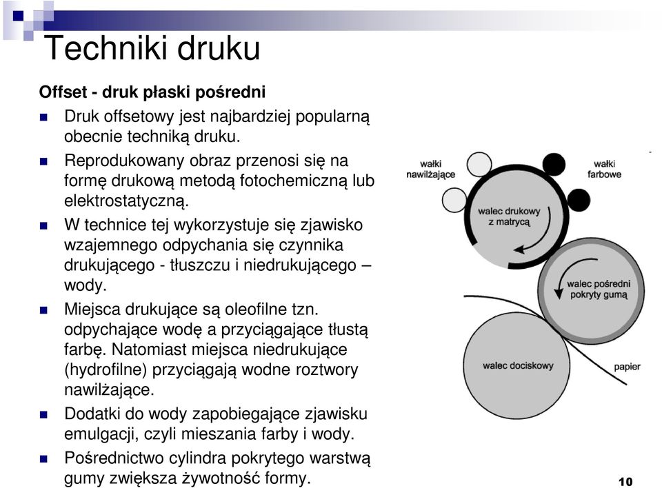 W technice tej wykorzystuje się zjawisko wzajemnego odpychania się czynnika drukującego - tłuszczu i niedrukującego wody. Miejsca drukujące są oleofilne tzn.