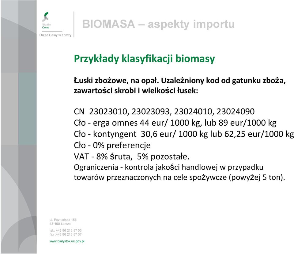 23024090 Cło erga omnes 44 eur/ 1000 kg, lub 89 eur/1000 kg Cło kontyngent 30,6 eur/ 1000 kg lub 62,25