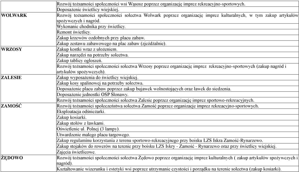 Zakup krzewów ozdobnych przy placu zabaw. Zakup zestawu zabawowego na plac zabaw (zjeźdżalnie). Zakup kostki wraz z ułożeniem. Zakup narzędzi na potrzeby sołectwa. Zakup tablicy ogłoszeń.