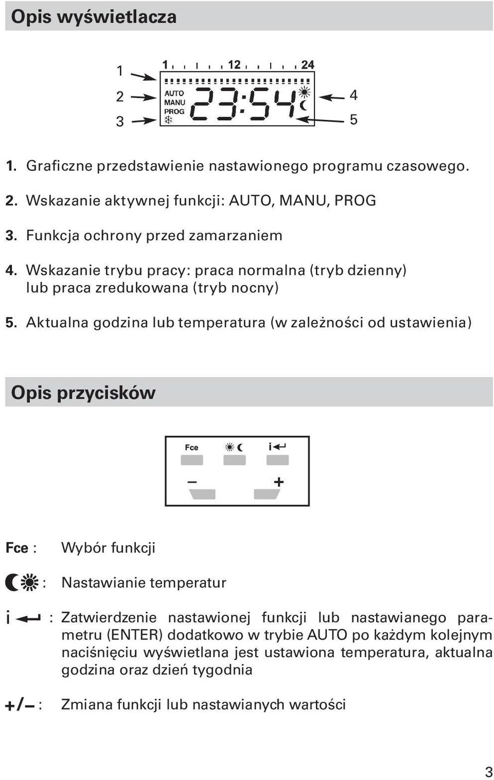 Aktualna godzina lub temperatura (w zależności od ustawienia) Opis przycisków Fce : Wybór funkcji : Nastawianie temperatur i : Zatwierdzenie nastawionej