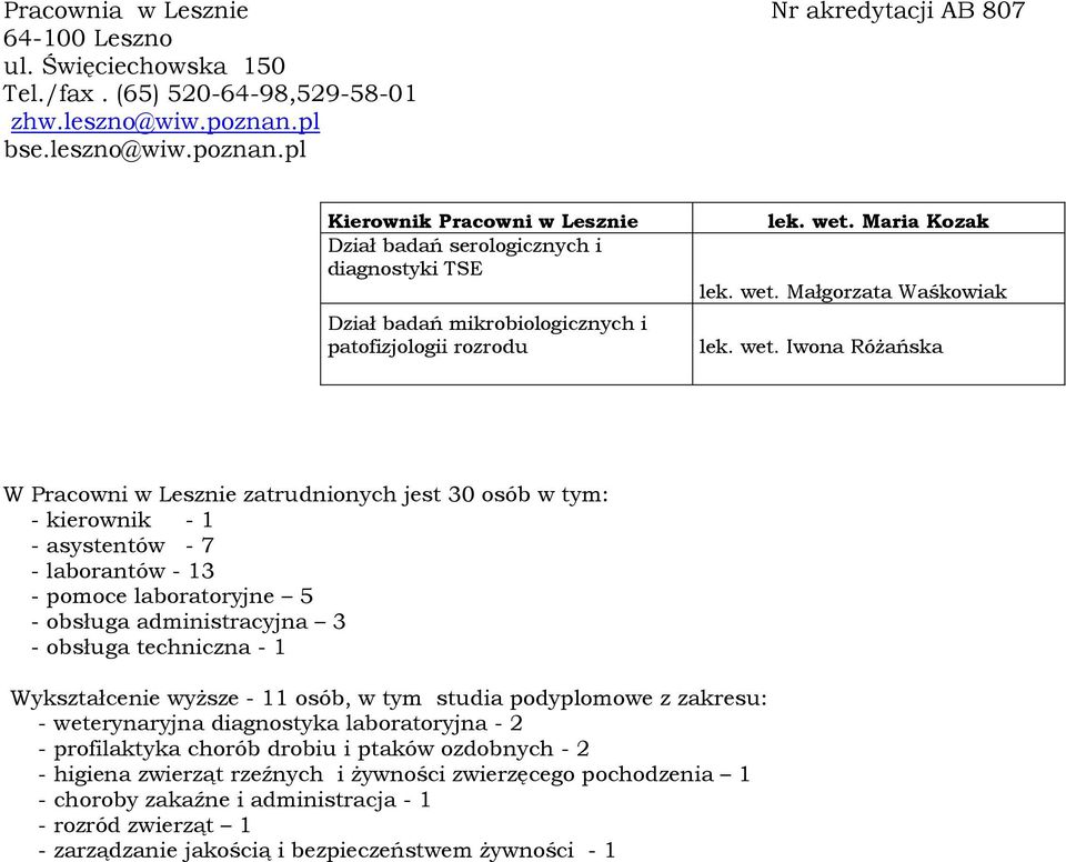 wet. Iwona RóŜańska W Pracowni w Lesz zatrudnionych jest 30 osób w tym: - kierownik - - asystentów - 7 - laborantów - 3 - pomoce laboratoryjne 5 - obsługa administracyjna 3 - obsługa techniczna -