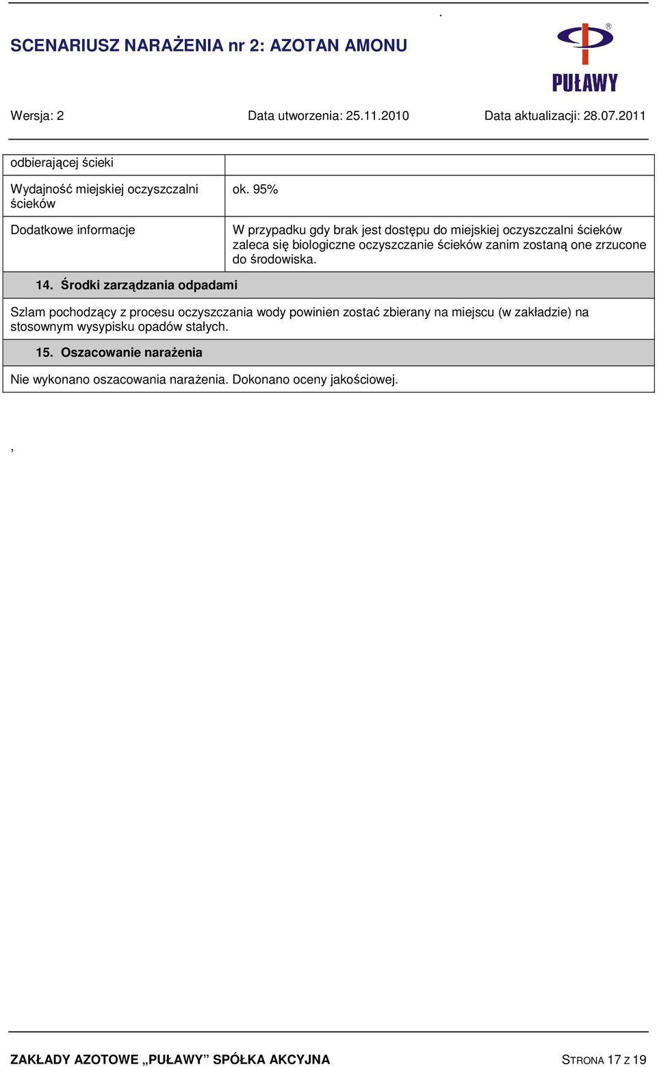 95% W przypadku gdy brak jest dostępu do miejskiej oczyszczalni ścieków zaleca się biologiczne oczyszczanie ścieków zanim zostaną one zrzucone do środowiska. 14.