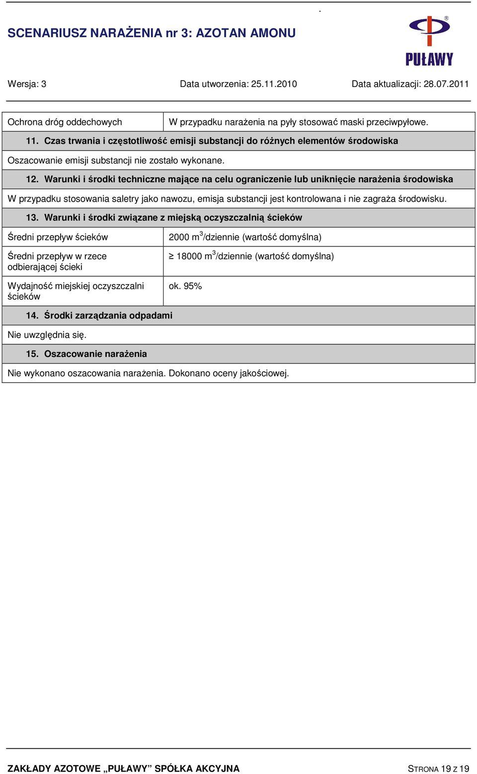 Warunki i środki techniczne mające na celu ograniczenie lub uniknięcie narażenia środowiska W przypadku stosowania saletry jako nawozu, emisja substancji jest kontrolowana i nie zagraża środowisku.