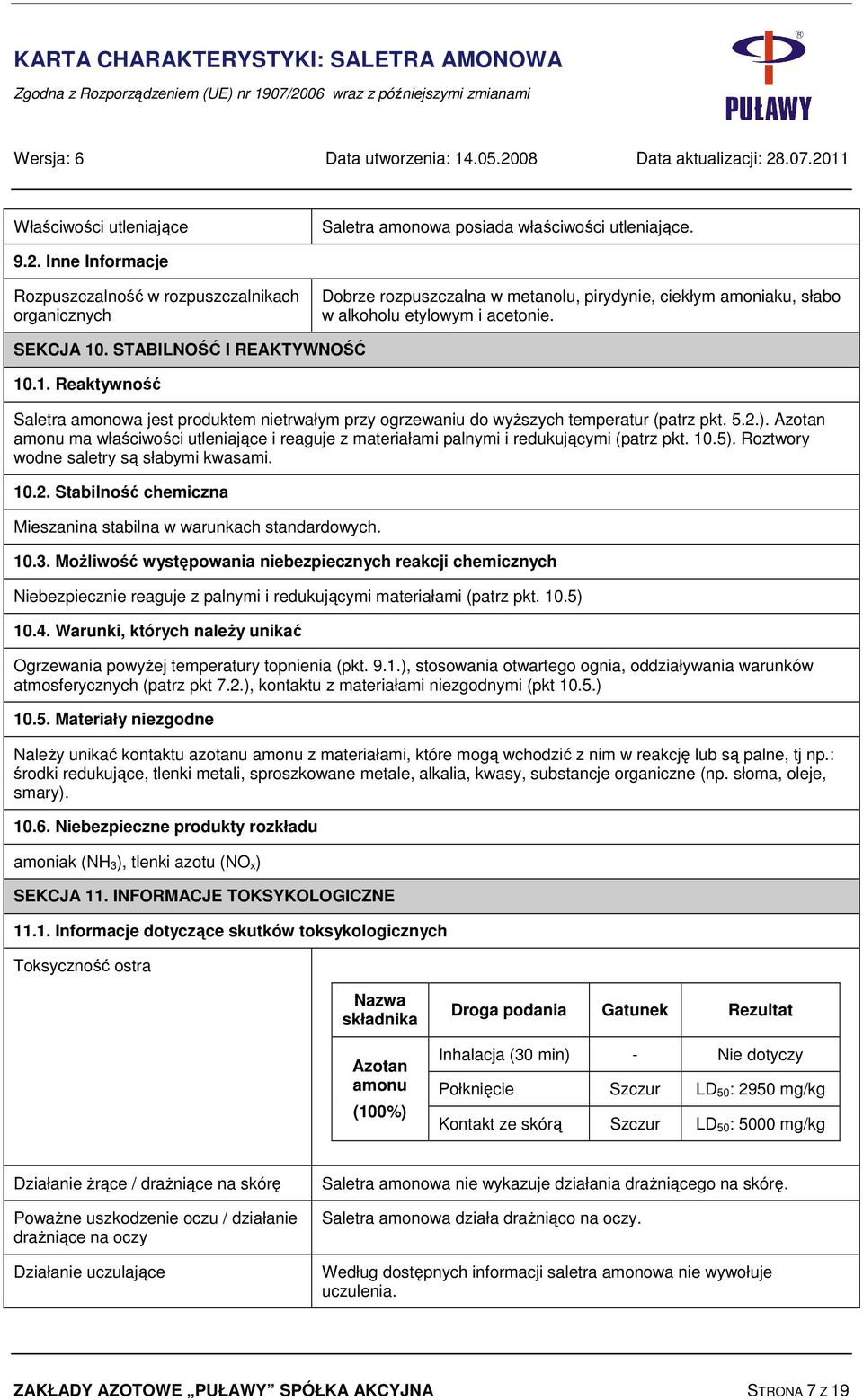 STABILNOŚĆ I REAKTYWNOŚĆ 10.1. Reaktywność Saletra amonowa jest produktem nietrwałym przy ogrzewaniu do wyższych temperatur (patrz pkt. 5.2.).