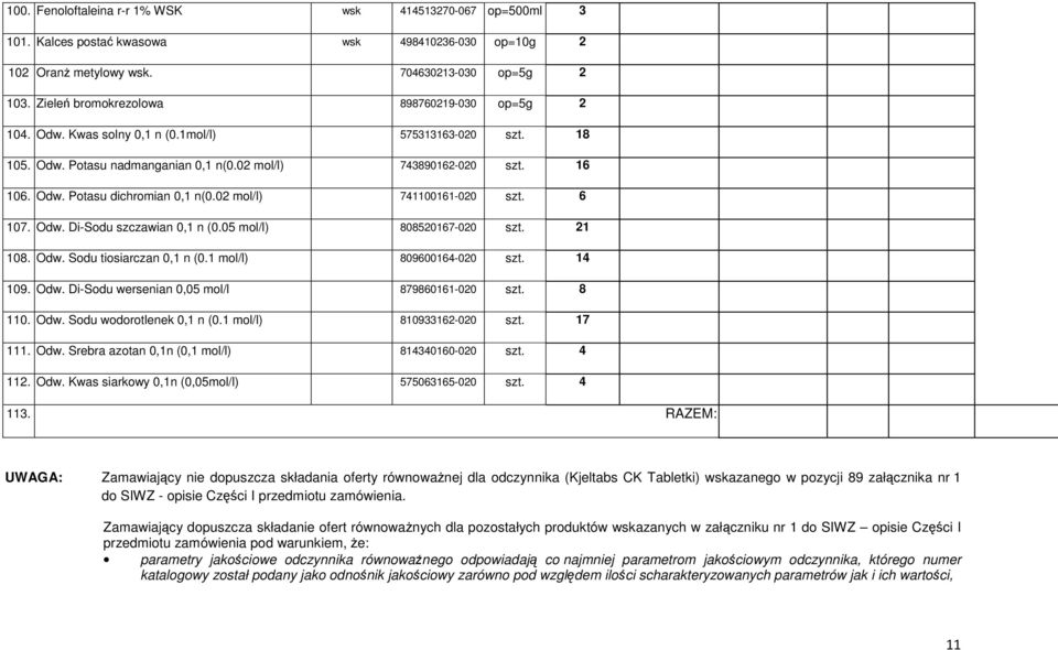 02 mol/l) 741100161-020 szt. 6 107. Odw. Di-Sodu szczawian 0,1 n (0.05 mol/l) 808520167-020 szt. 21 108. Odw. Sodu tiosiarczan 0,1 n (0.1 mol/l) 809600164-020 szt. 14 109. Odw. Di-Sodu wersenian 0,05 mol/l 879860161-020 szt.