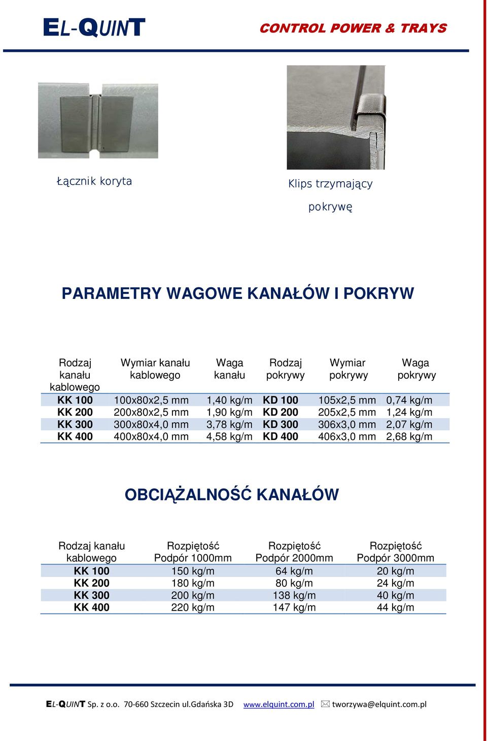 300 306x3,0 mm 2,07 kg/m KK 400 400x80x4,0 mm 4,58 kg/m KD 400 406x3,0 mm 2,68 kg/m OCIĄśALNOŚĆ KANAŁÓW Rodzaj kanału kablowego Rozpiętość Rozpiętość Podpór