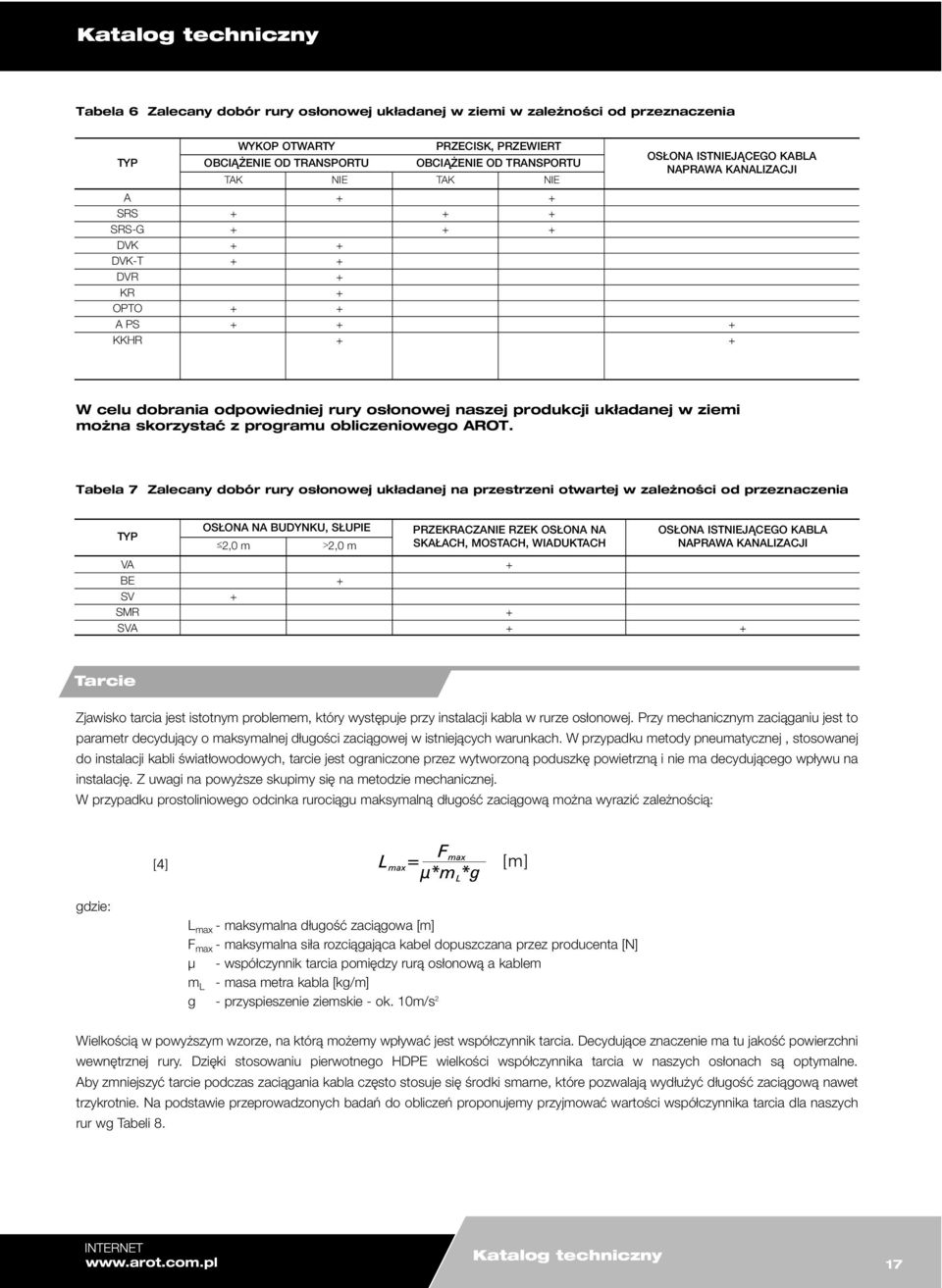 AROT. Tabela 7 Zalecany dobór rury osłonowej układanej na przestrzeni otwartej w zależności od przeznaczenia TYP OŁONA NA BUDYNKU, ŁUPIE 2,0 m >2,0 m PRZEKRACZANIE RZEK OŁONA NA KAŁACH, MOTACH,