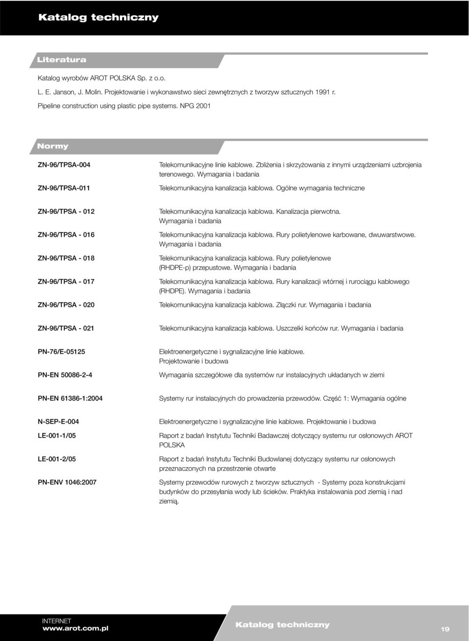 Ogólne wymagania techniczne ZN96/TPA 012 ZN96/TPA 016 ZN96/TPA 018 ZN96/TPA 017 ZN96/TPA 020 Telekomunikacyjna kanalizacja kablowa. Kanalizacja pierwotna.