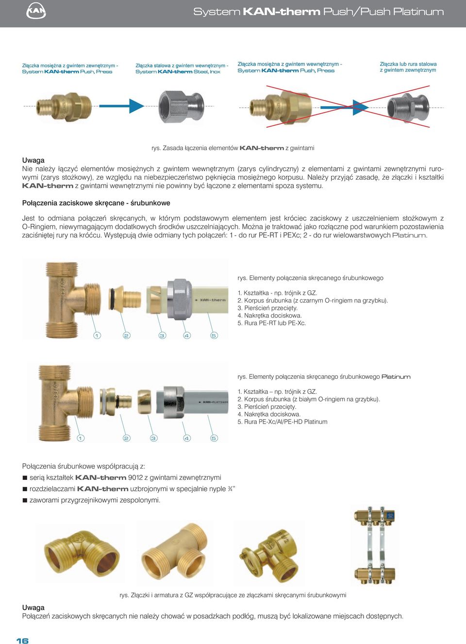 ze względu na niebezpieczeństwo pęknięcia mosiężnego korpusu. Należy przyjąć zasadę, że złączki i kształtki KAN-therm z gwintami wewnętrznymi nie powinny być łączone z elementami spoza systemu.