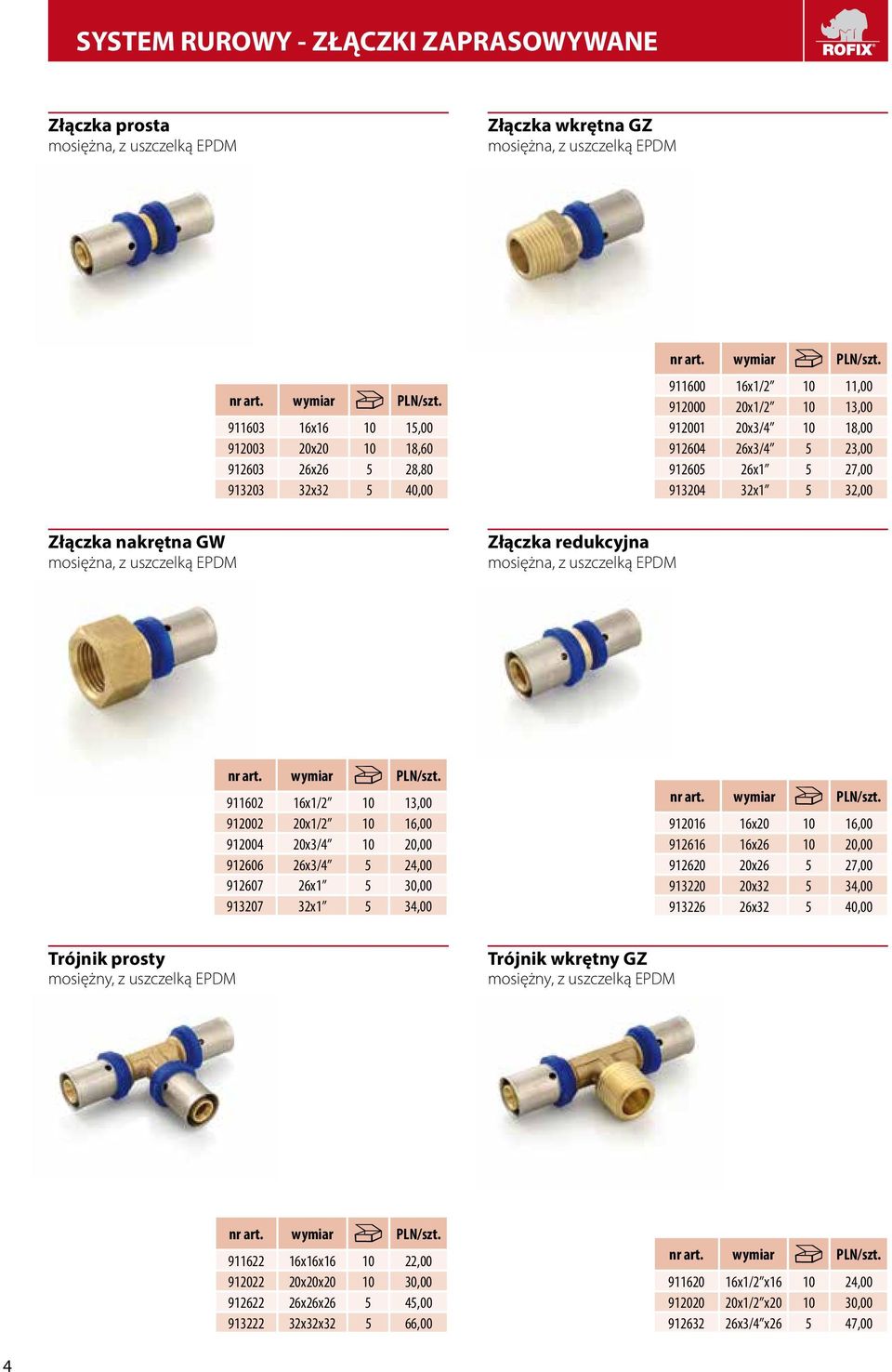 911600 16x1/2 10 11,00 912000 20x1/2 10 13,00 912001 20x3/4 10 18,00 912604 26x3/4 5 23,00 912605 26x1 5 27,00 913204 32x1 5 32,00 Złączka nakrętna GW mosiężna, z uszczelką EPDM Złączka redukcyjna