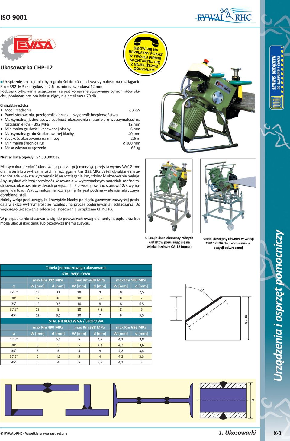 Charakterystyka Moc urządzenia 2,3 kw Panel sterowania, przełącznik kierunku i wyłącznik bezpieczeństwa Maksymalna, jednorazowa zdolność ukosowania materiału o wytrzymałości na rozciąganie Rm = 392