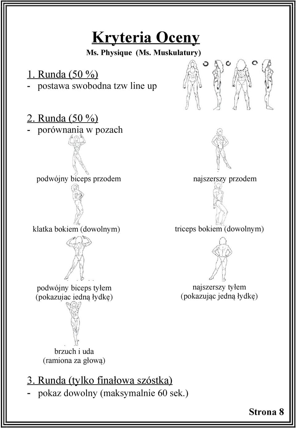 bokiem (dowolnym) triceps bokiem (dowolnym) podwójny biceps tyłem najszerszy tyłem