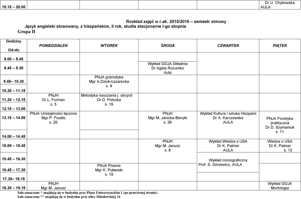Potocka Wykład GOJA Składnia Dr Agata Rozumko Aula Mgr M. Janusz Wykład Kultura i sztuka Hiszpanii Dr A.