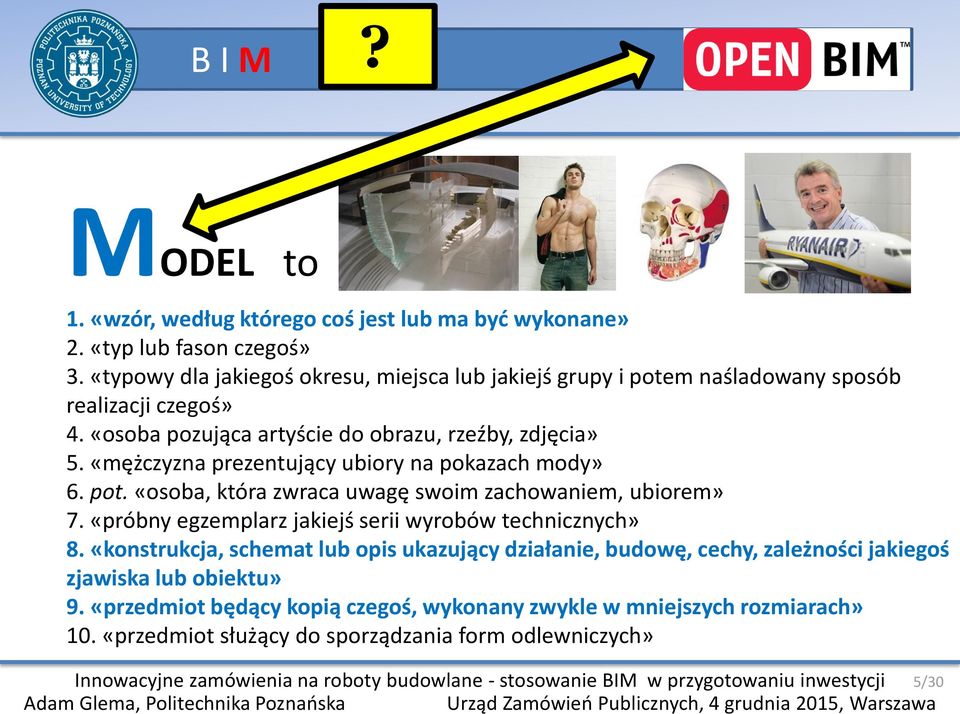 «mężczyzna prezentujący ubiory na pokazach mody» 6. pot. «osoba, która zwraca uwagę swoim zachowaniem, ubiorem» 7.